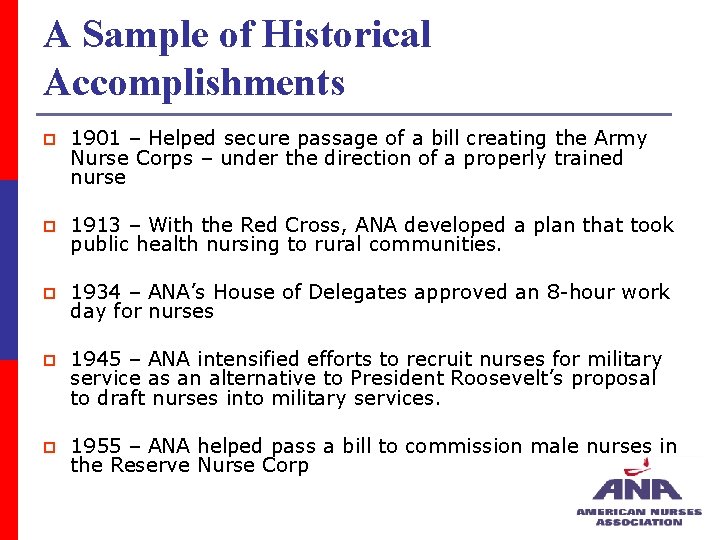 A Sample of Historical Accomplishments p 1901 – Helped secure passage of a bill