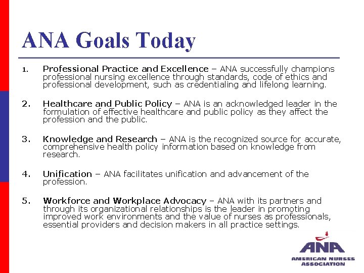 ANA Goals Today 1. Professional Practice and Excellence – ANA successfully champions professional nursing