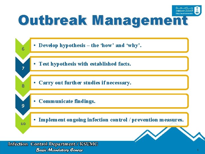 Outbreak Management 6 7 8 9 10 • Develop hypothesis – the ‘how’ and