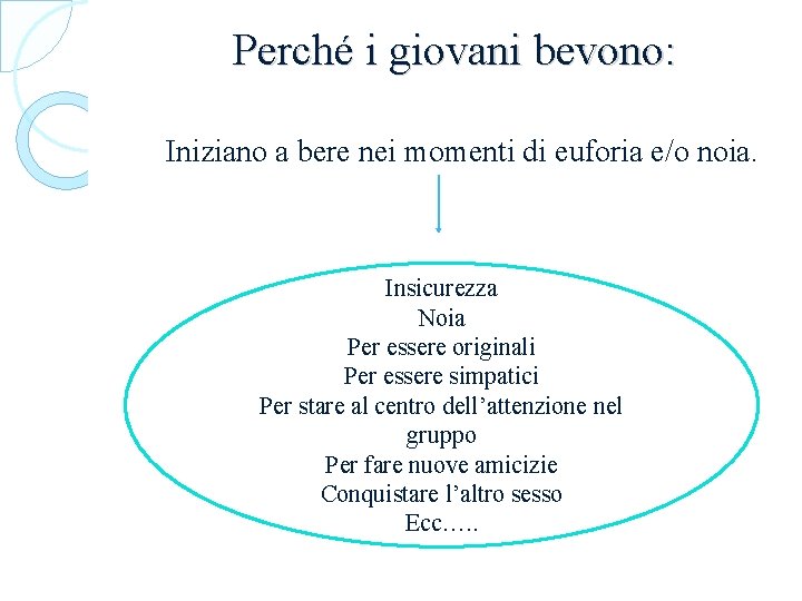 Perché i giovani bevono: Iniziano a bere nei momenti di euforia e/o noia. Insicurezza