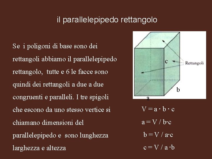 il parallelepipedo rettangolo Se i poligoni di base sono dei rettangoli abbiamo il parallelepipedo