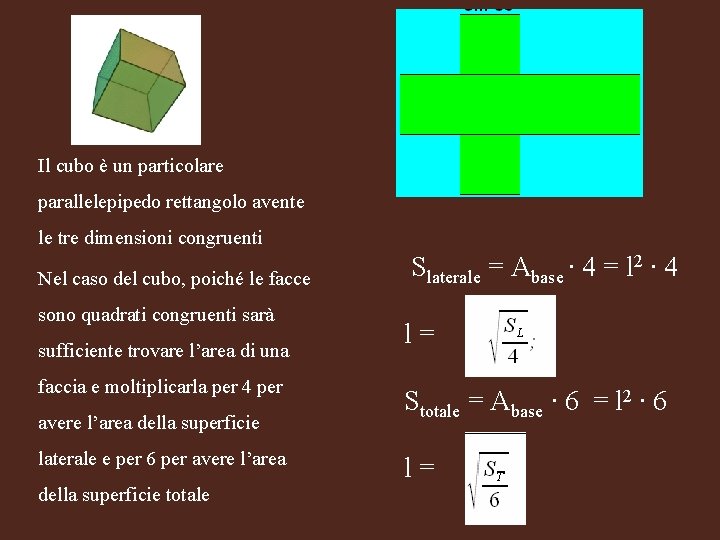 Il cubo è un particolare parallelepipedo rettangolo avente le tre dimensioni congruenti Nel caso