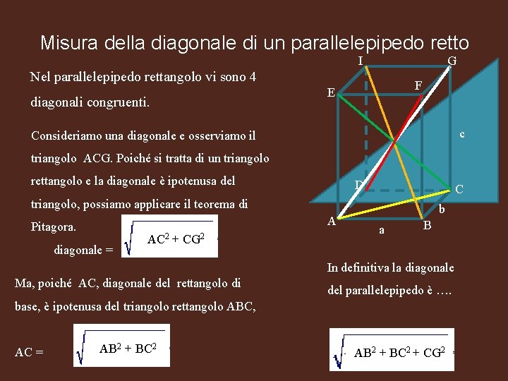 Misura della diagonale di un parallelepipedo retto I G Nel parallelepipedo rettangolo vi sono