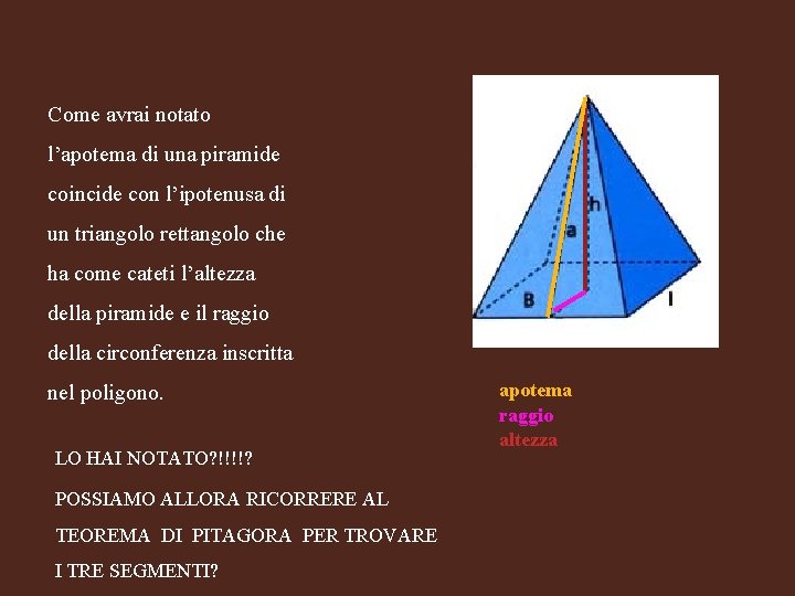 Come avrai notato l’apotema di una piramide coincide con l’ipotenusa di un triangolo rettangolo
