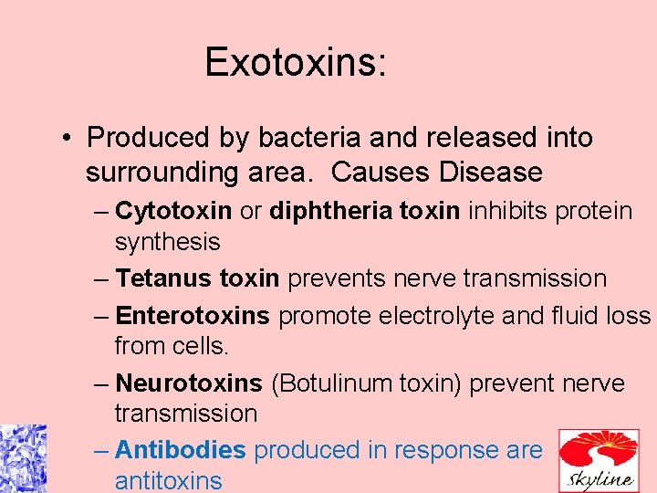 Exotoxins: • Produced by bacteria and released into surrounding area. Causes Disease – Cytotoxin
