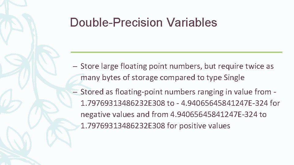 Double-Precision Variables – Store large floating point numbers, but require twice as many bytes Double-Precision Variables – Store large floating point numbers, but require twice as many bytes