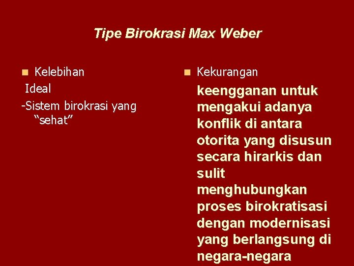 Tipe Birokrasi Max Weber Kelebihan Ideal -Sistem birokrasi yang “sehat” Kekurangan keengganan untuk mengakui