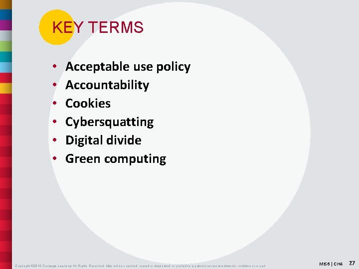 KEY TERMS • • • Acceptable use policy Accountability Cookies Cybersquatting Digital divide Green