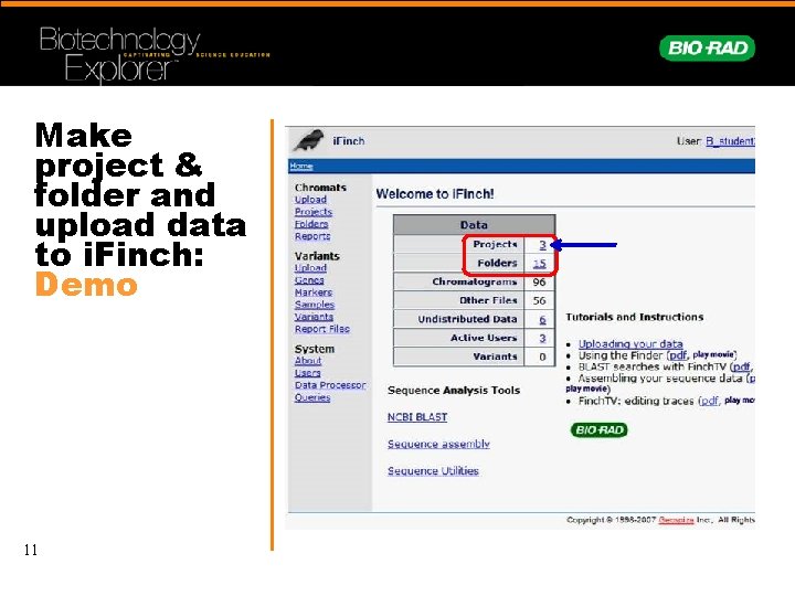 Make project & folder and upload data to i. Finch: Demo 11 