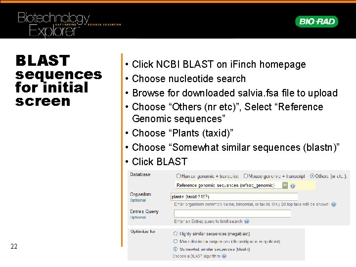 BLAST sequences for initial screen 22 • • Click NCBI BLAST on i. Finch