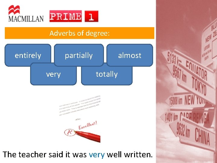 Adverbs of degree: entirely partially very almost totally The teacher said it was very