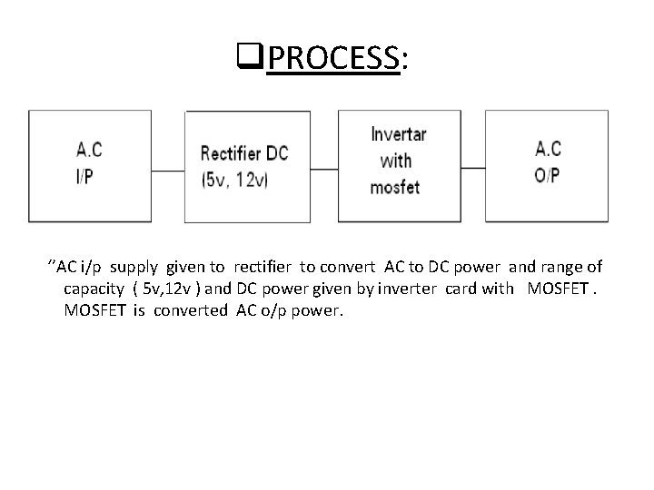q. PROCESS: ‘’AC i/p supply given to rectifier to convert AC to DC power