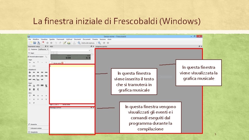 La finestra iniziale di Frescobaldi (Windows) In questa finestra viene inserito il testo che