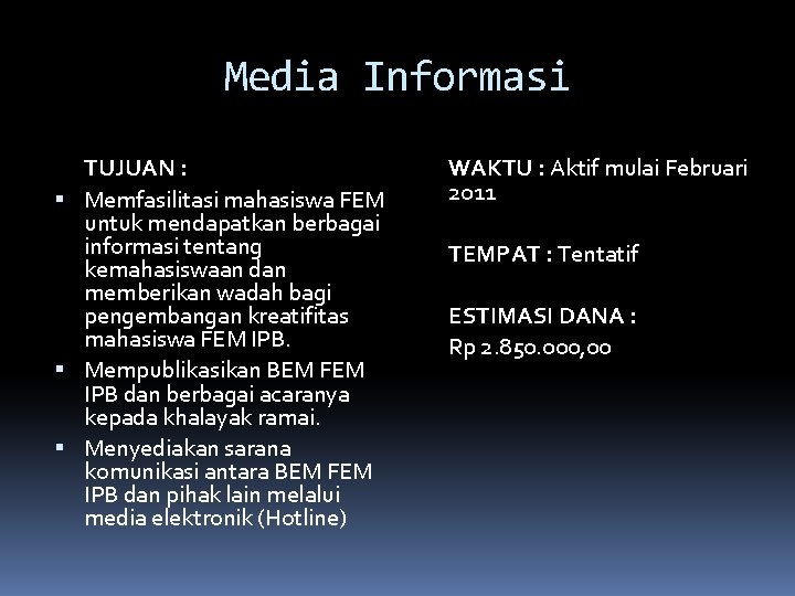 Media Informasi TUJUAN : Memfasilitasi mahasiswa FEM untuk mendapatkan berbagai informasi tentang kemahasiswaan dan