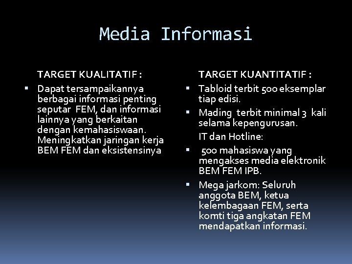 Media Informasi TARGET KUALITATIF : Dapat tersampaikannya berbagai informasi penting seputar FEM, dan informasi