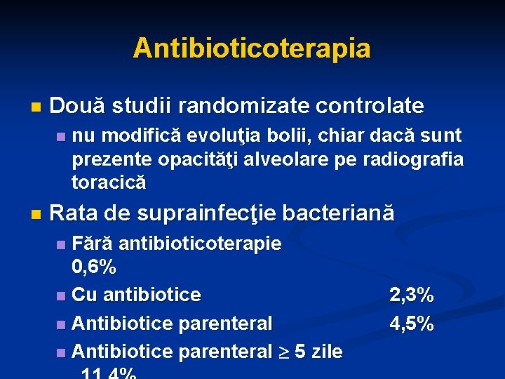 Antibioticoterapia n Două studii randomizate controlate n n nu modifică evoluţia bolii, chiar dacă