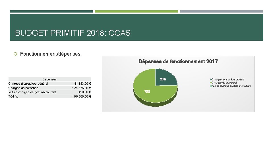 BUDGET PRIMITIF 2018: CCAS Fonctionnement/dépenses Dépenses de fonctionnement 2017 Dépenses Charges à caractère général