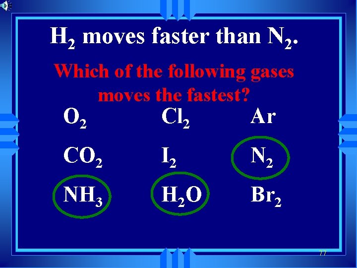 H 2 moves faster than N 2. Which of the following gases moves the