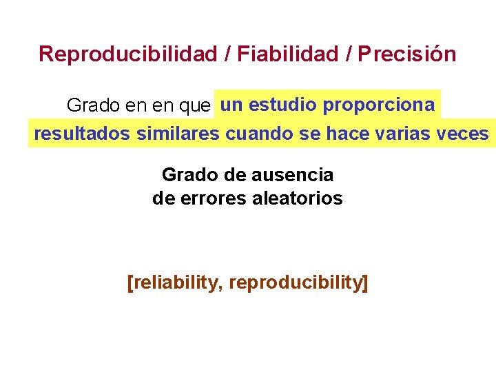 Reproducibilidad / Fiabilidad / Precisión un estudio Grado en en que una variableproporciona tiene