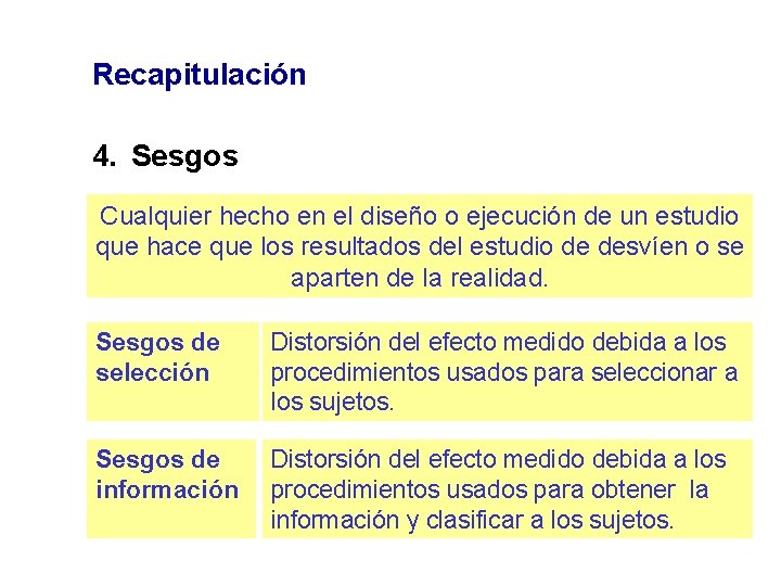 Recapitulación 4. Sesgos Cualquier hecho en el diseño o ejecución de un estudio que