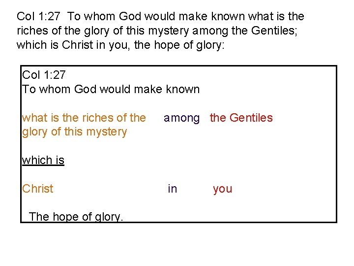 Col 1: 27 To whom God would make known what is the riches of Col 1: 27 To whom God would make known what is the riches of