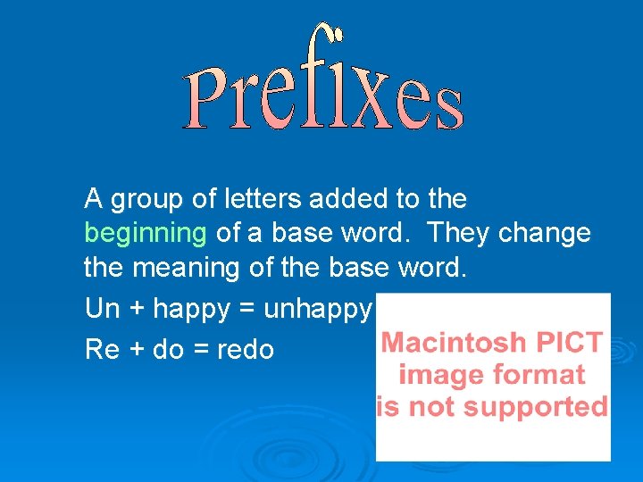 A group of letters added to the beginning of a base word. They change