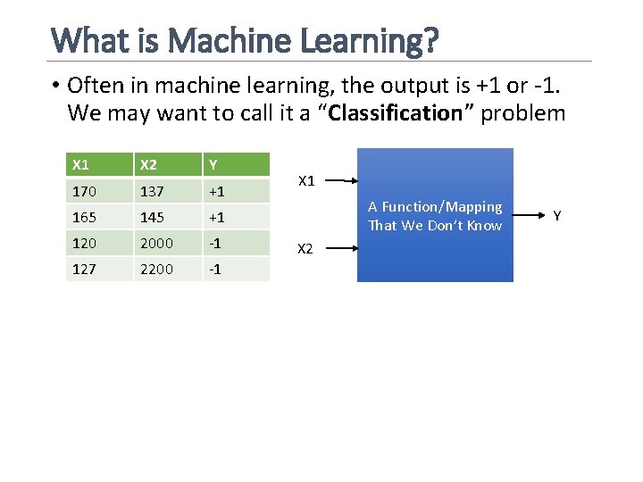 What is Machine Learning? • Often in machine learning, the output is +1 or