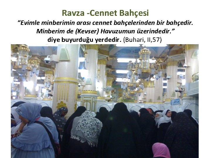 Ravza -Cennet Bahçesi “Evimle minberimin arası cennet bahçelerinden bir bahçedir. Minberim de (Kevser) Havuzumun