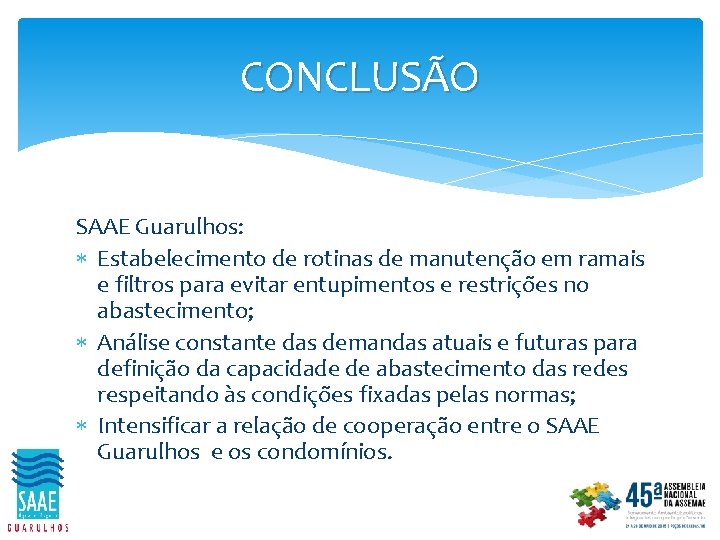 CONCLUSÃO SAAE Guarulhos: Estabelecimento de rotinas de manutenção em ramais e filtros para evitar