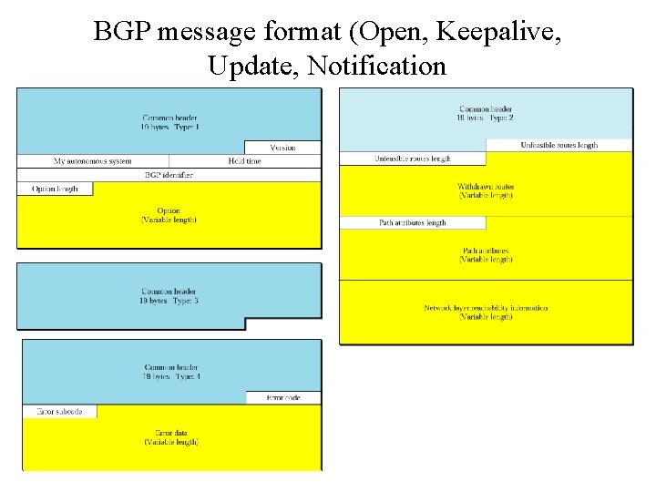 BGP message format (Open, Keepalive, Update, Notification 