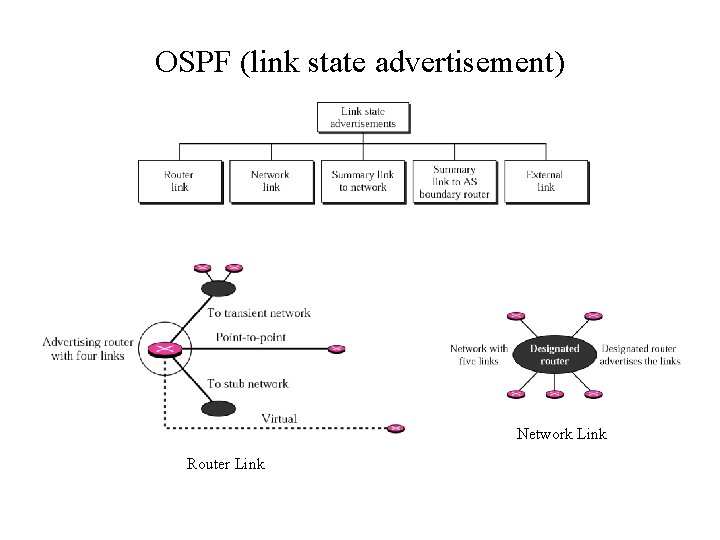 OSPF (link state advertisement) Network Link Router Link 