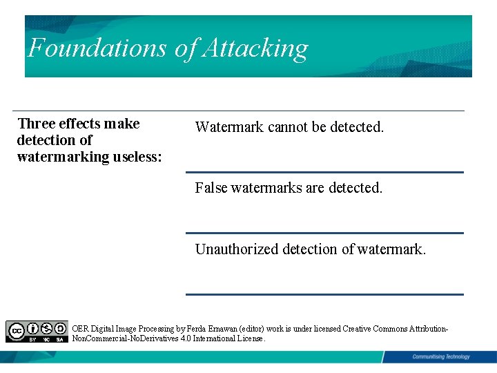 Foundations of Attacking Three effects make detection of watermarking useless: Watermark cannot be detected.