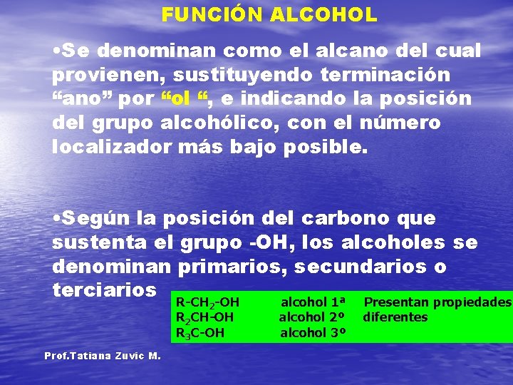 FUNCIÓN ALCOHOL • Se denominan como el alcano del cual provienen, sustituyendo terminación “ano”