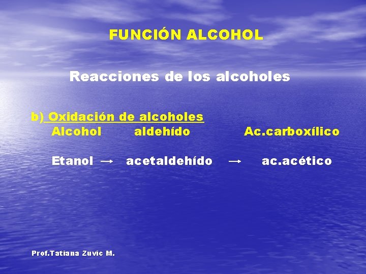 FUNCIÓN ALCOHOL Reacciones de los alcoholes b) Oxidación de alcoholes Alcohol aldehído Etanol Prof.