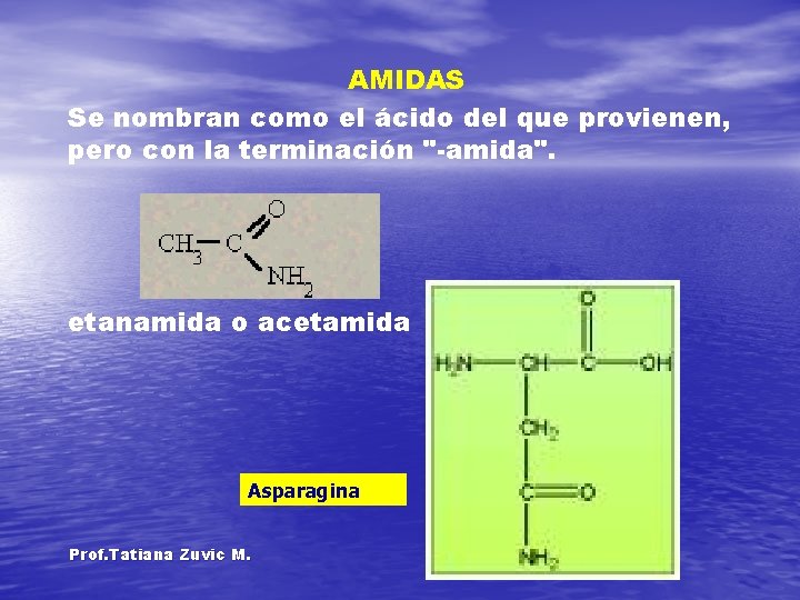 AMIDAS Se nombran como el ácido del que provienen, pero con la terminación "-amida".