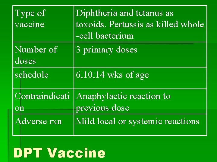 Type of vaccine Number of doses schedule Diphtheria and tetanus as toxoids. Pertussis as