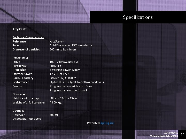 Specifications Arty. Scent® Technical Characteristics Reference Type Diameter of particles Power Input Frequency Protection