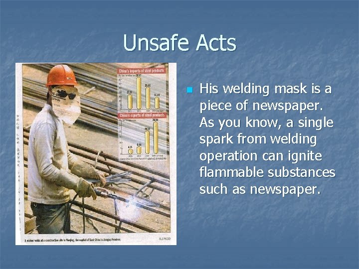 Unsafe Acts n His welding mask is a piece of newspaper. As you know,