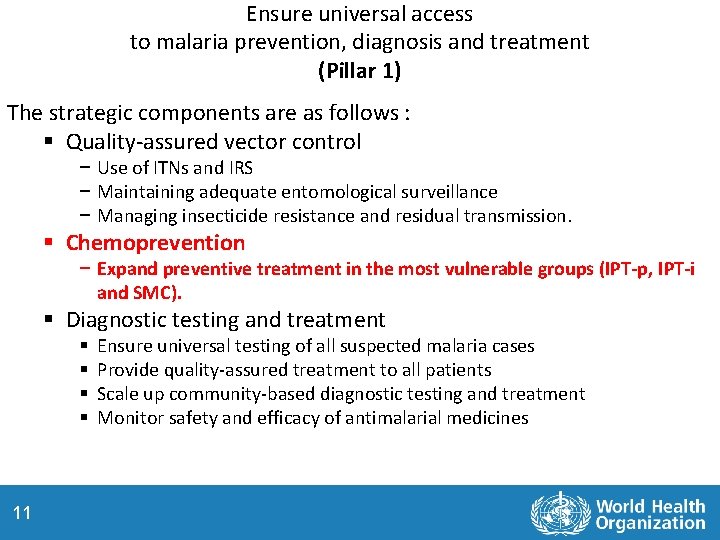 Ensure universal access to malaria prevention, diagnosis and treatment (Pillar 1) The strategic components