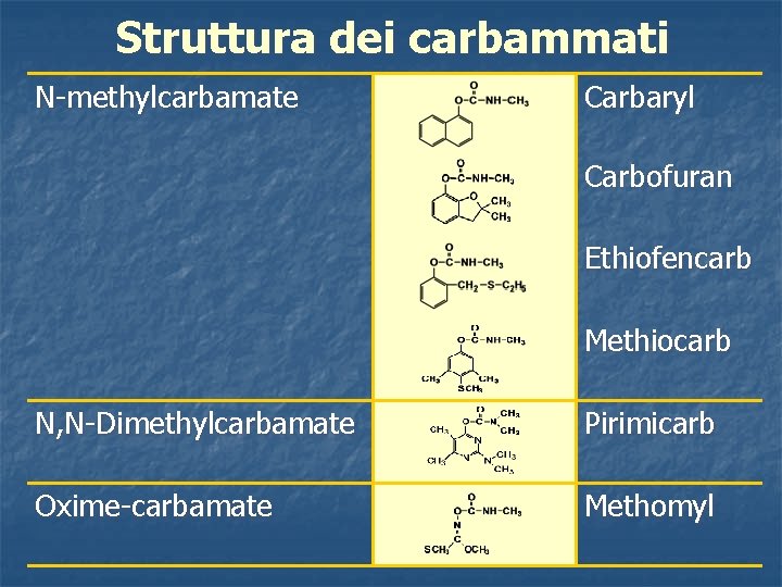 Struttura dei carbammati N-methylcarbamate Carbaryl Carbofuran Ethiofencarb Methiocarb N, N-Dimethylcarbamate Pirimicarb Oxime-carbamate Methomyl 