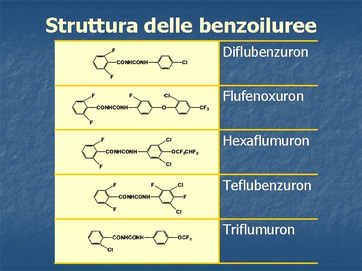 Struttura delle benzoiluree Diflubenzuron Flufenoxuron Hexaflumuron Teflubenzuron Triflumuron 