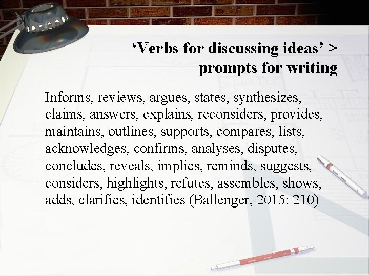 ‘Verbs for discussing ideas’ > prompts for writing Informs, reviews, argues, states, synthesizes, claims,