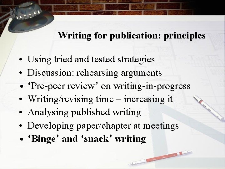 Writing for publication: principles • • Using tried and tested strategies Discussion: rehearsing arguments