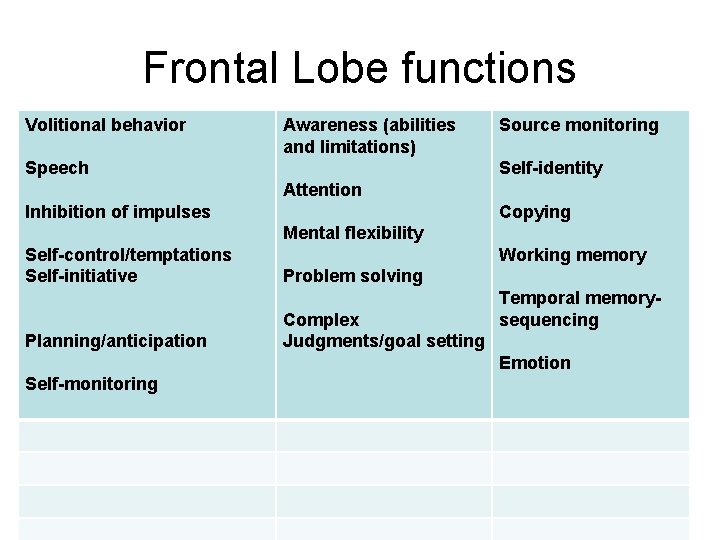 Frontal Lobe functions Volitional behavior Awareness (abilities and limitations) Speech Source monitoring Self-identity Attention