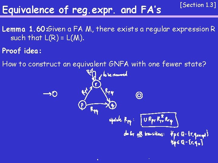 Equivalence of reg. expr. and FA’s [Section 1. 3] Lemma 1. 60: Given a