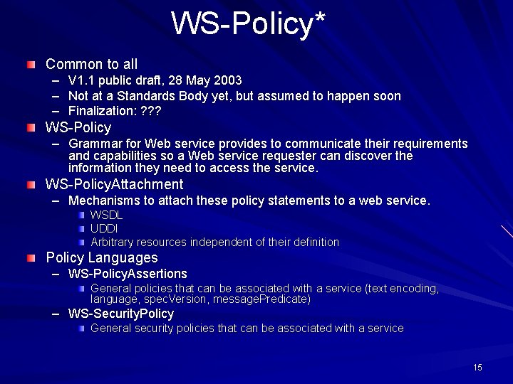 WS-Policy* Common to all – V 1. 1 public draft, 28 May 2003 –
