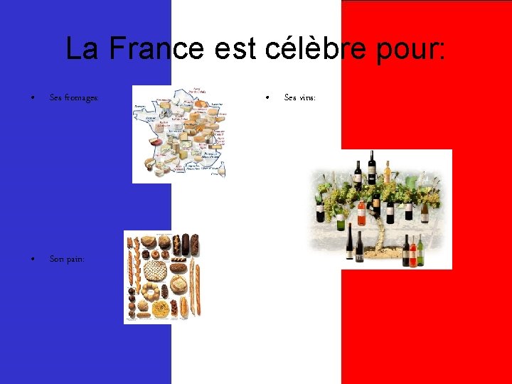 La France est célèbre pour: • Ses fromages: • Son pain: • Ses vins:
