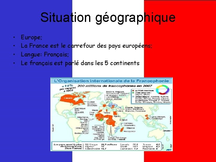 Situation géographique • • Europe; La France est le carrefour des pays européens; Langue: