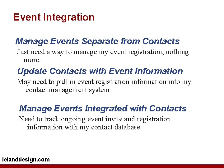 Event Integration Manage Events Separate from Contacts Just need a way to manage my
