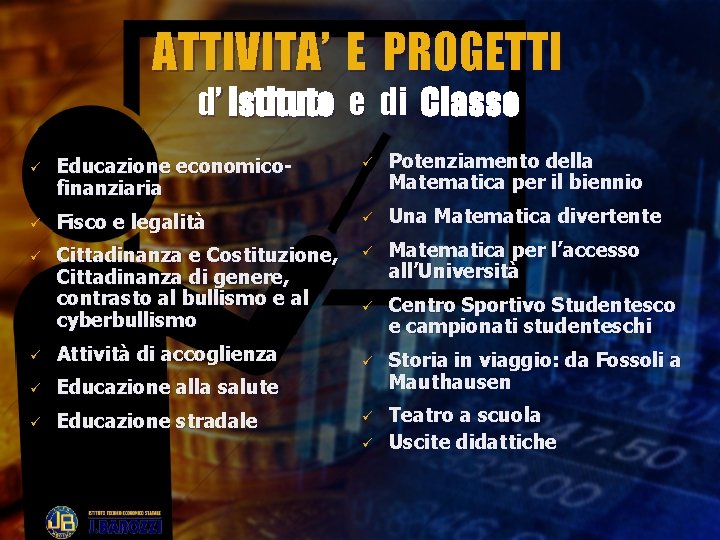 ATTIVITA’ E PROGETTI d’ Istituto e di Classe ü Educazione economicofinanziaria ü Potenziamento della